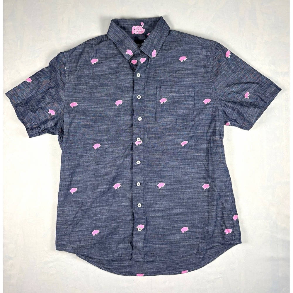 Pink Floyd Sec 119 Button Up Shirt Mens L Pig Print Chambray Short Sleeve Band - Picture 1 of 5